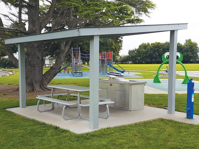 Skillion Shelter, Urban 1900 double electric BBQ, Metro 12 seater table, Zenith Fountain- Kirkpatrick Park Hastings